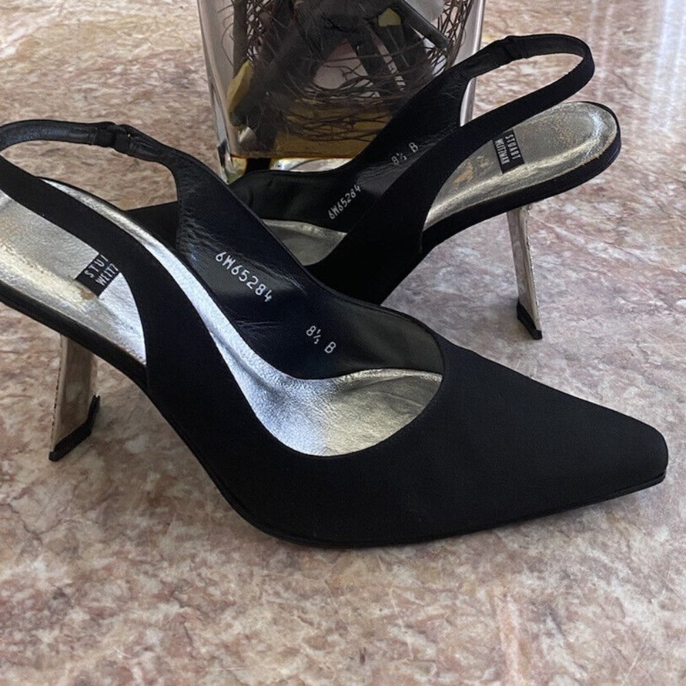 STUART WEITZMAN Black Satin Slingback Rhinestone Heel Pumps shoe stylish